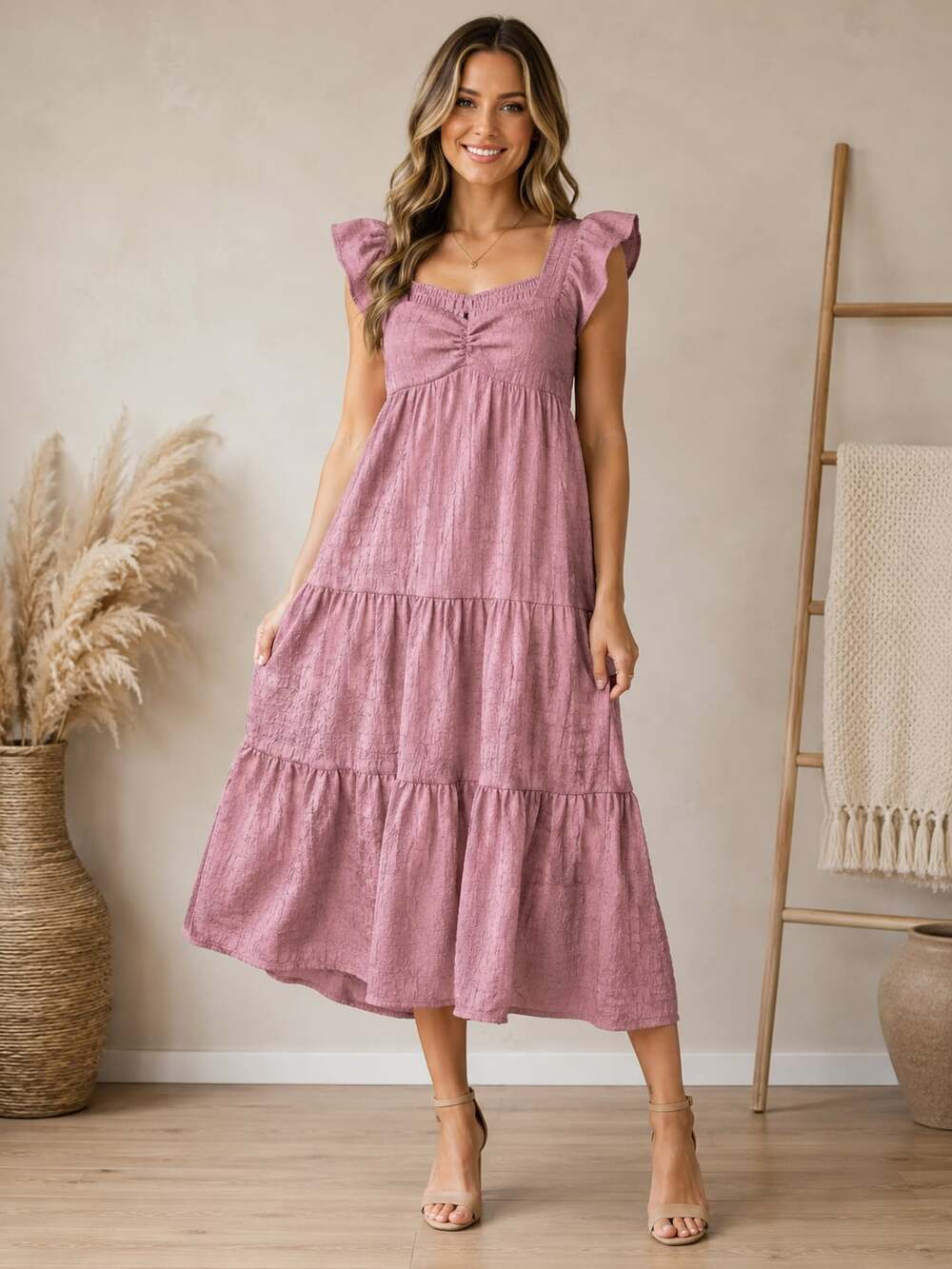 Polagram Pink Textured Tiered Midi Dress Flutter Sleeve Cottagecore Boho M